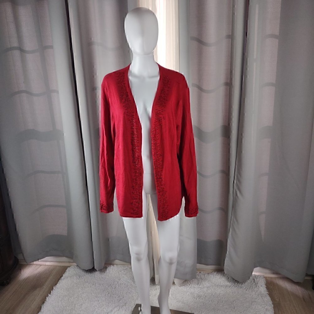 Covington Womens Long Sleeve V-Neckline Beaded Red Cardigan Size 20-22W - Picture 1 of 11